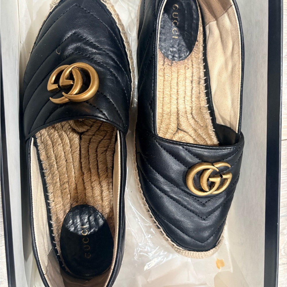 Gucci Black Quilted Leather Espadrille Flats with Gold Logo